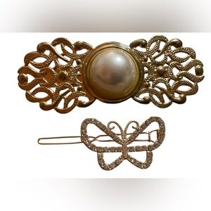 Vintage Jewelry 2 Hair Pins Butterfly Rhinestones in Gold Tone